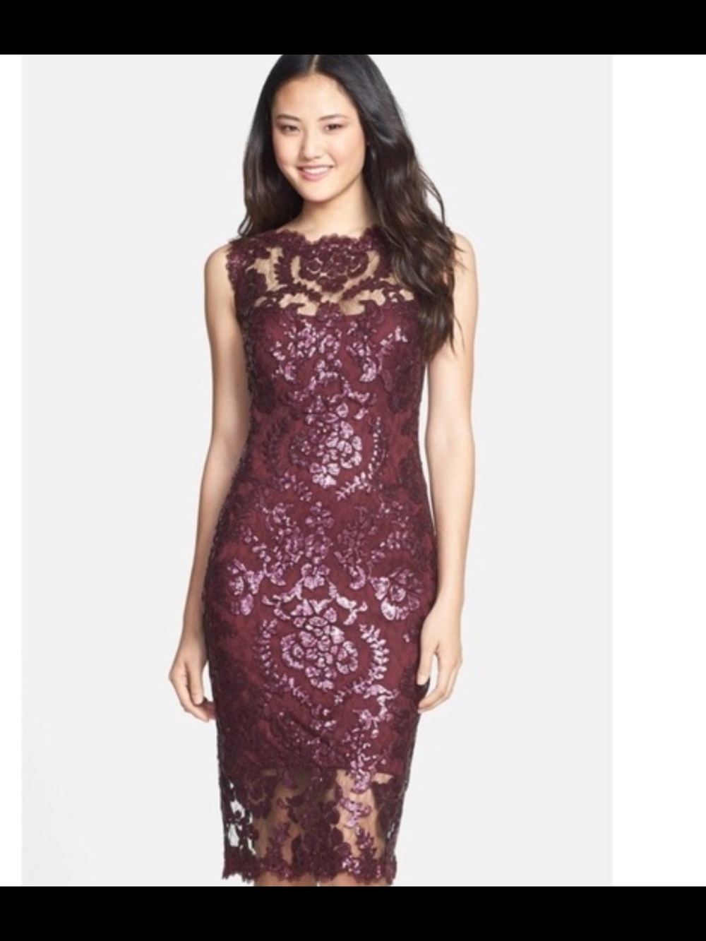 Tadashi Shoji Sleeveless Lace Midi Dress in Wine